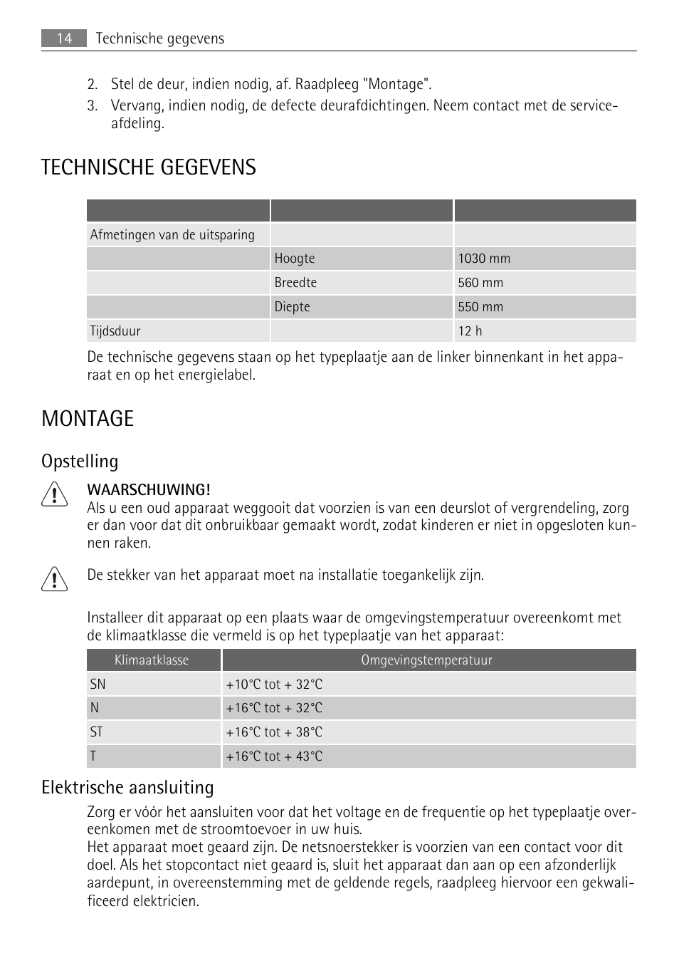 Technische gegevens, Montage, Opstelling | Elektrische aansluiting | AEG SKS51000S0 User Manual | Page 14 / 84