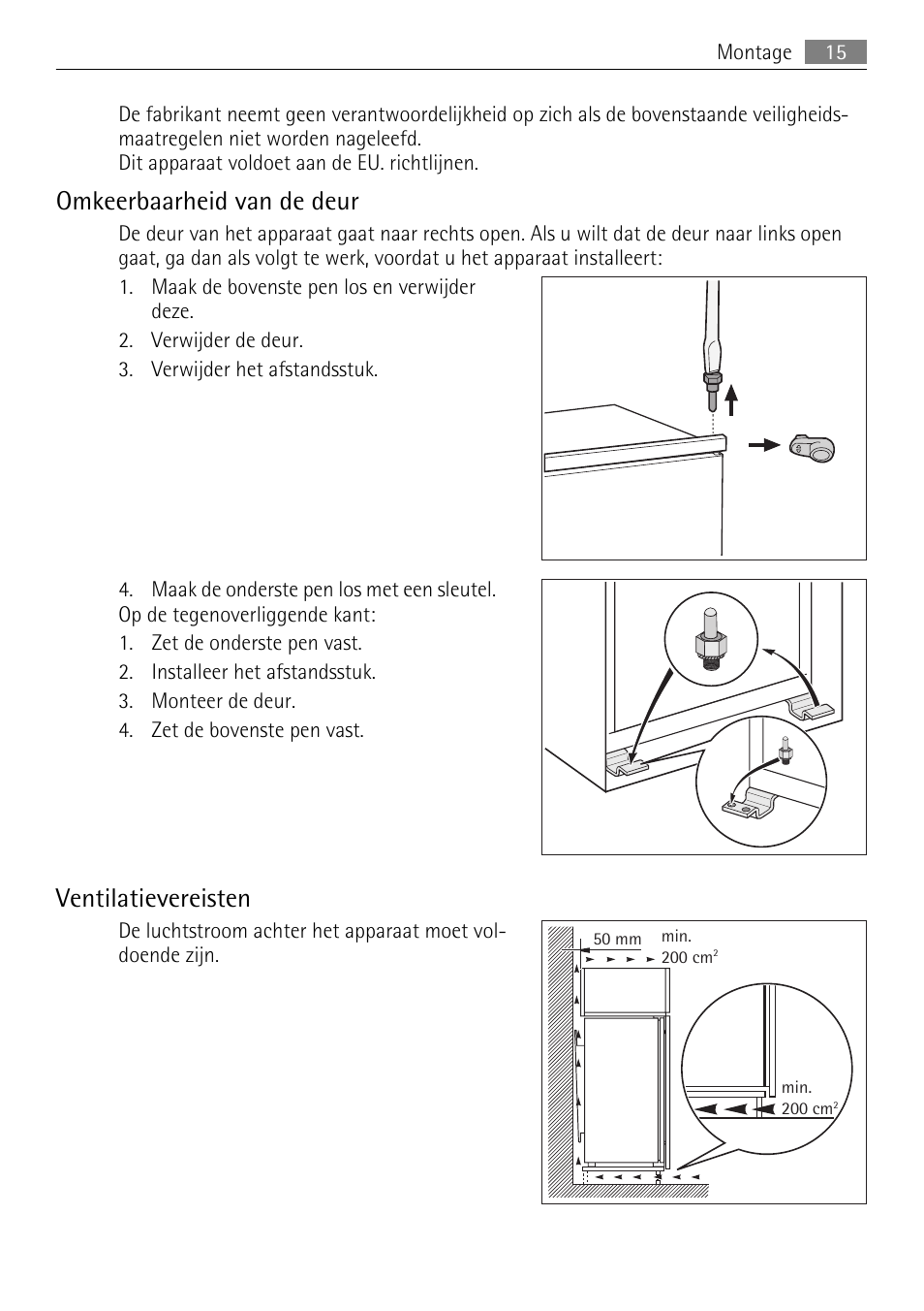Omkeerbaarheid van de deur, Ventilatievereisten | AEG SKS51000S0 User Manual | Page 15 / 84