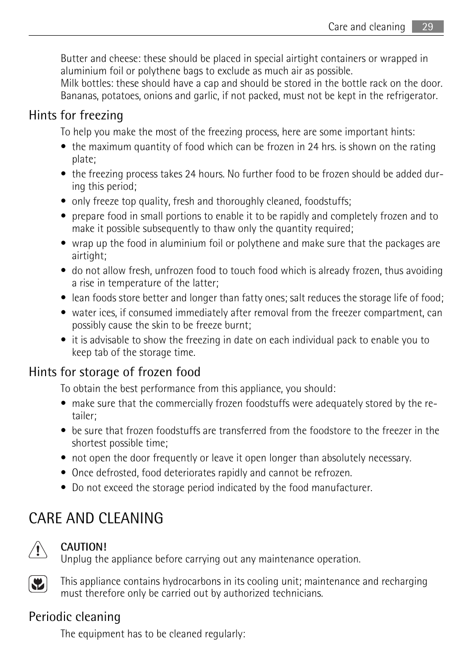 Care and cleaning, Hints for freezing, Hints for storage of frozen food | Periodic cleaning | AEG SKS51000S0 User Manual | Page 29 / 84