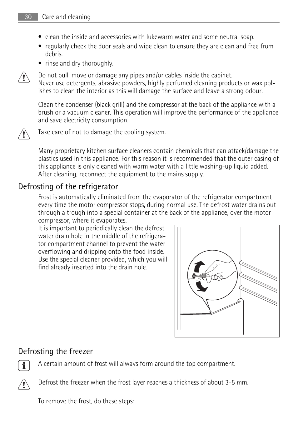 Defrosting of the refrigerator, Defrosting the freezer | AEG SKS51000S0 User Manual | Page 30 / 84
