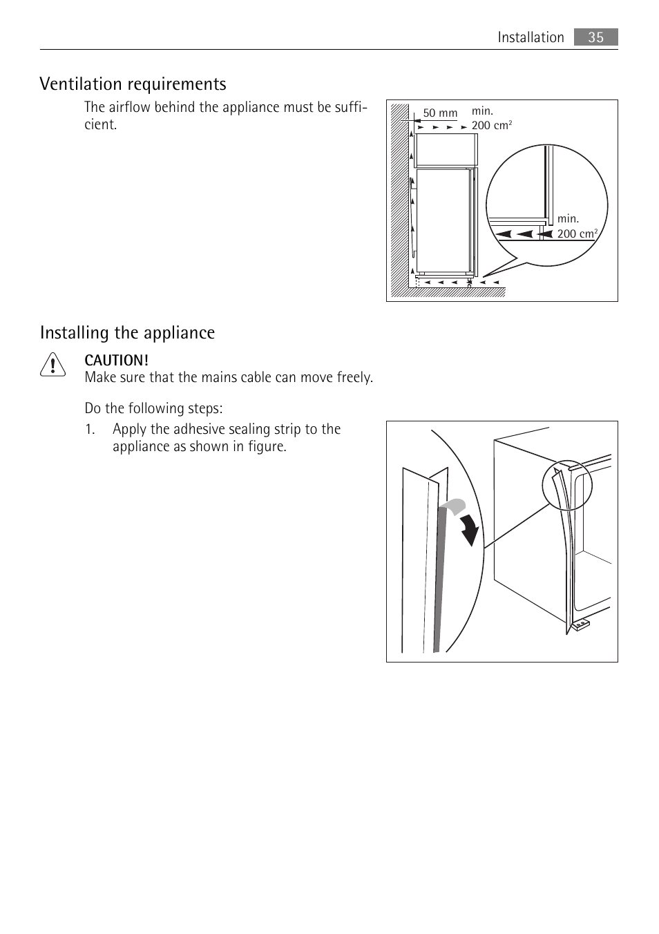Ventilation requirements, Installing the appliance | AEG SKS51000S0 User Manual | Page 35 / 84