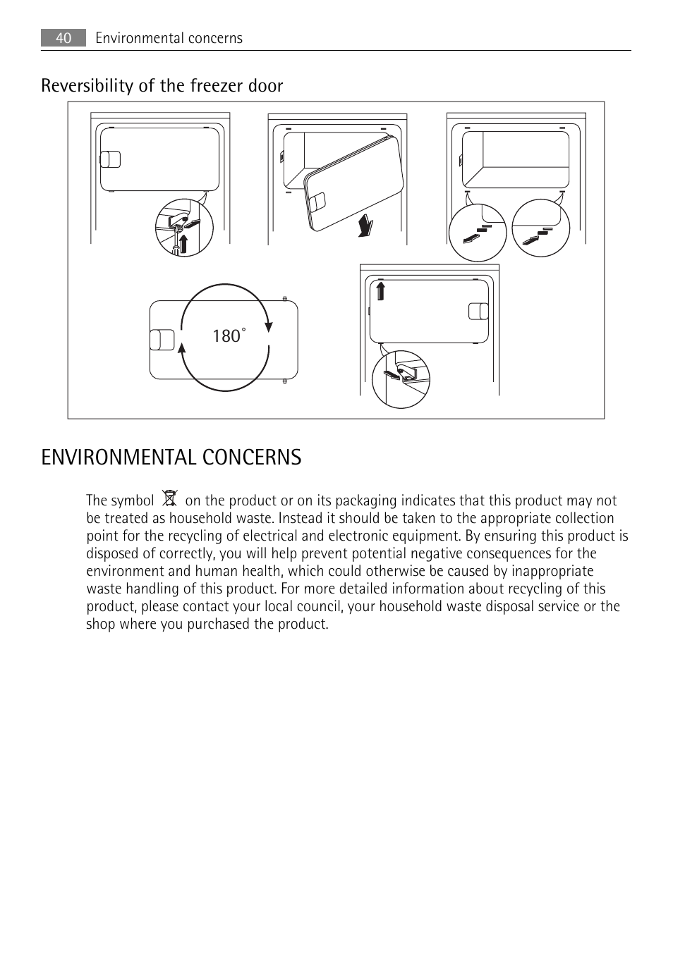 Environmental concerns, Reversibility of the freezer door 180 | AEG SKS51000S0 User Manual | Page 40 / 84