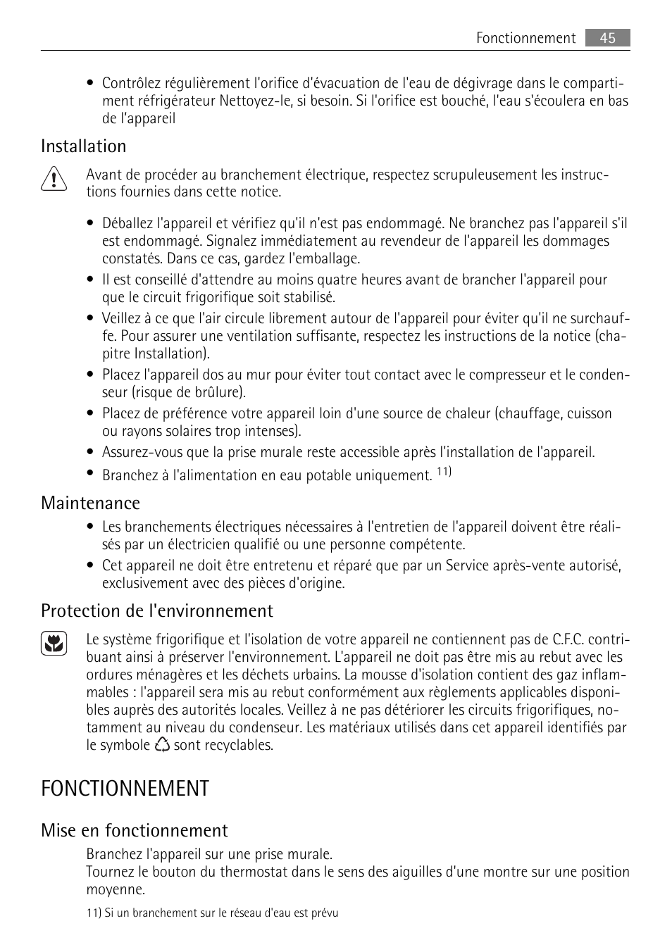 Fonctionnement, Installation, Maintenance | Protection de l'environnement, Mise en fonctionnement | AEG SKS51000S0 User Manual | Page 45 / 84