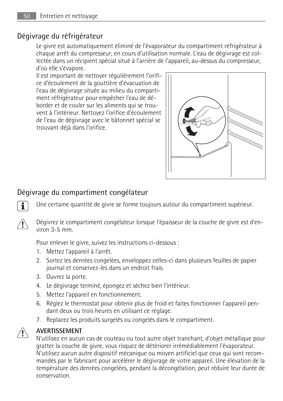 Dégivrage du réfrigérateur, Dégivrage du compartiment congélateur | AEG SKS51000S0 User Manual | Page 50 / 84