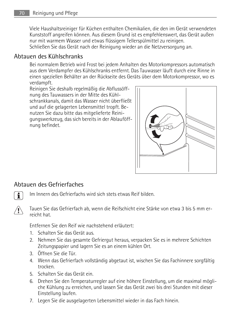 Abtauen des kühlschranks, Abtauen des gefrierfaches | AEG SKS51000S0 User Manual | Page 70 / 84