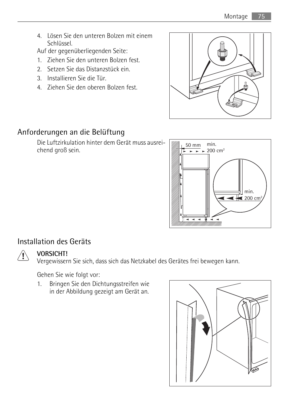 Anforderungen an die belüftung, Installation des geräts | AEG SKS51000S0 User Manual | Page 75 / 84