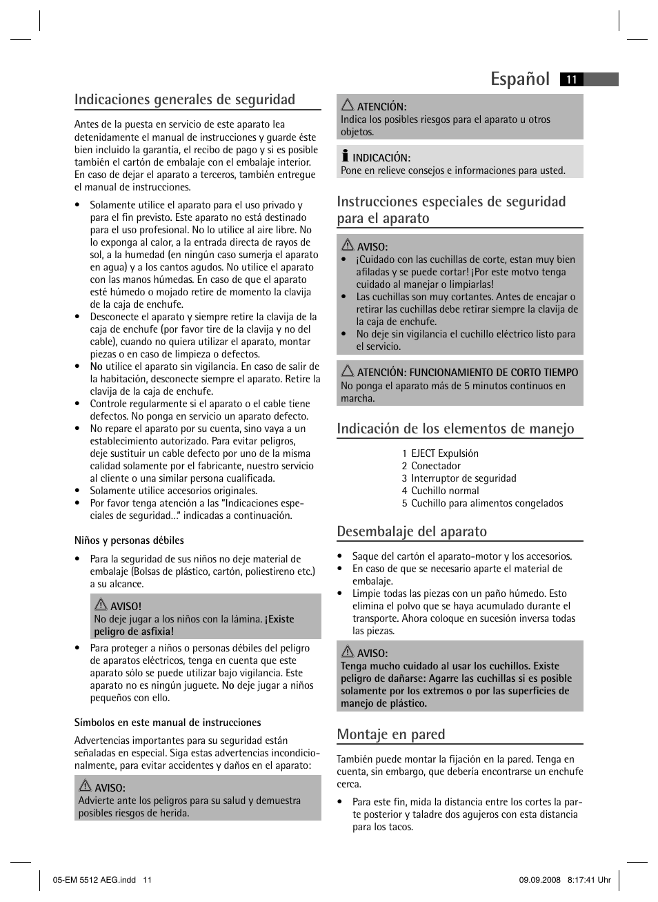 Español, Indicaciones generales de seguridad, Indicación de los elementos de manejo | Desembalaje del aparato, Montaje en pared | AEG EM 5512 User Manual | Page 11 / 30