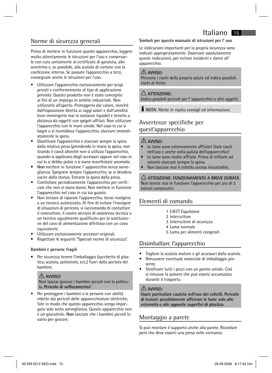 Italiano, Norme di sicurezza generali, Avvertenze specifi che per quest‘apparecchio | Elementi di comando, Disimballare l‘apparecchio, Montaggio a parete | AEG EM 5512 User Manual | Page 15 / 30