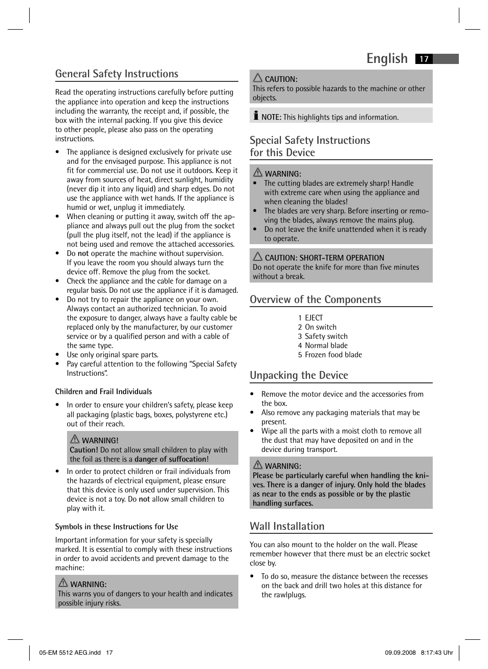 English, General safety instructions, Special safety instructions for this device | Overview of the components, Unpacking the device, Wall installation | AEG EM 5512 User Manual | Page 17 / 30