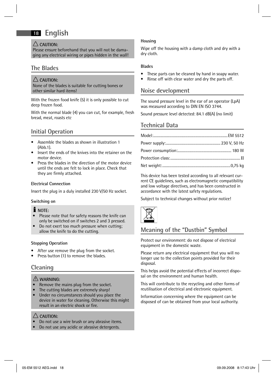 English, The blades, Initial operation | Cleaning, Noise development, Technical data, Meaning of the “dustbin” symbol | AEG EM 5512 User Manual | Page 18 / 30