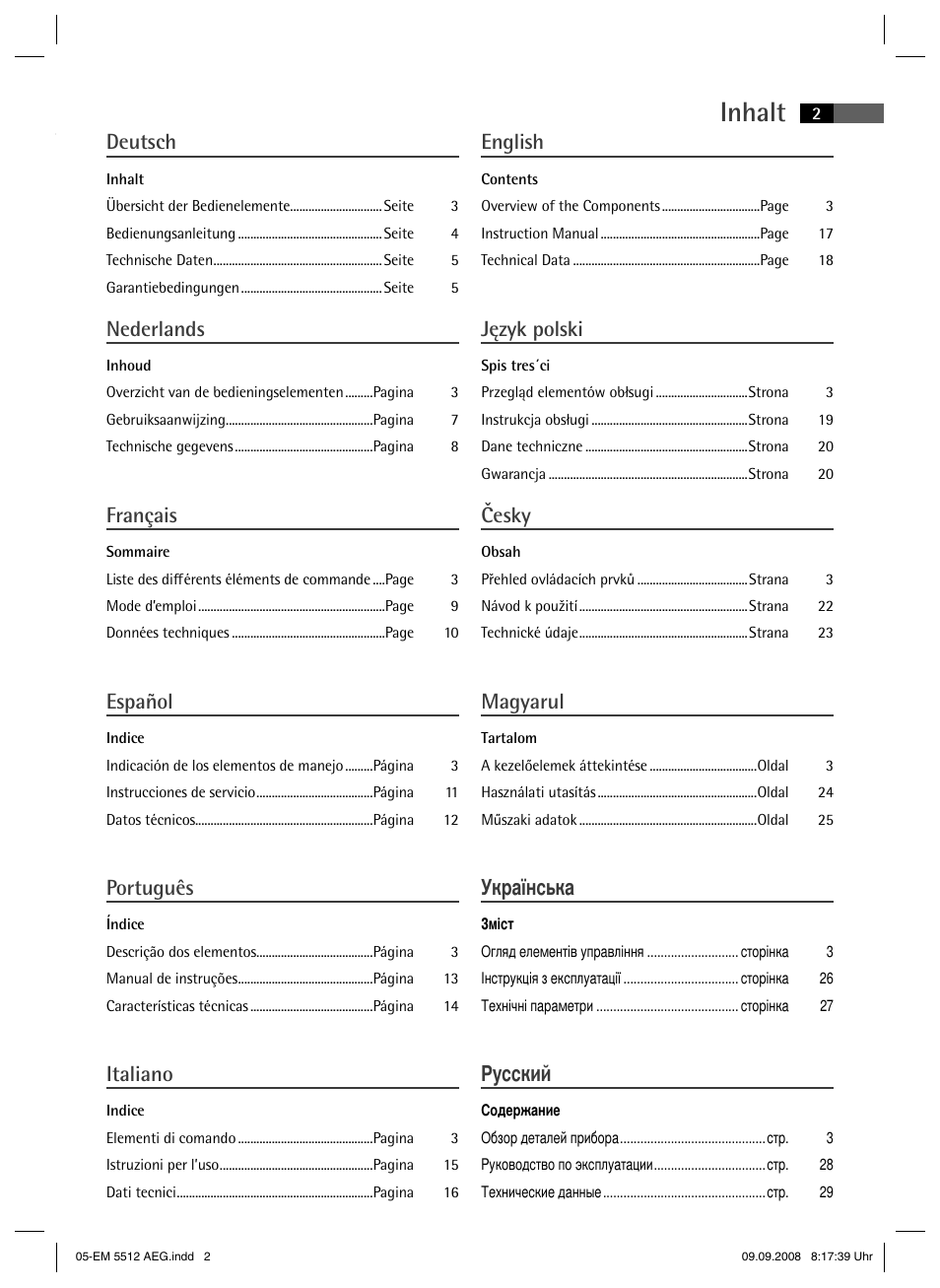 Inhalt, Deutsch, Nederlands | Français, Español, Português, Italiano, English, Język polski, Česky | AEG EM 5512 User Manual | Page 2 / 30