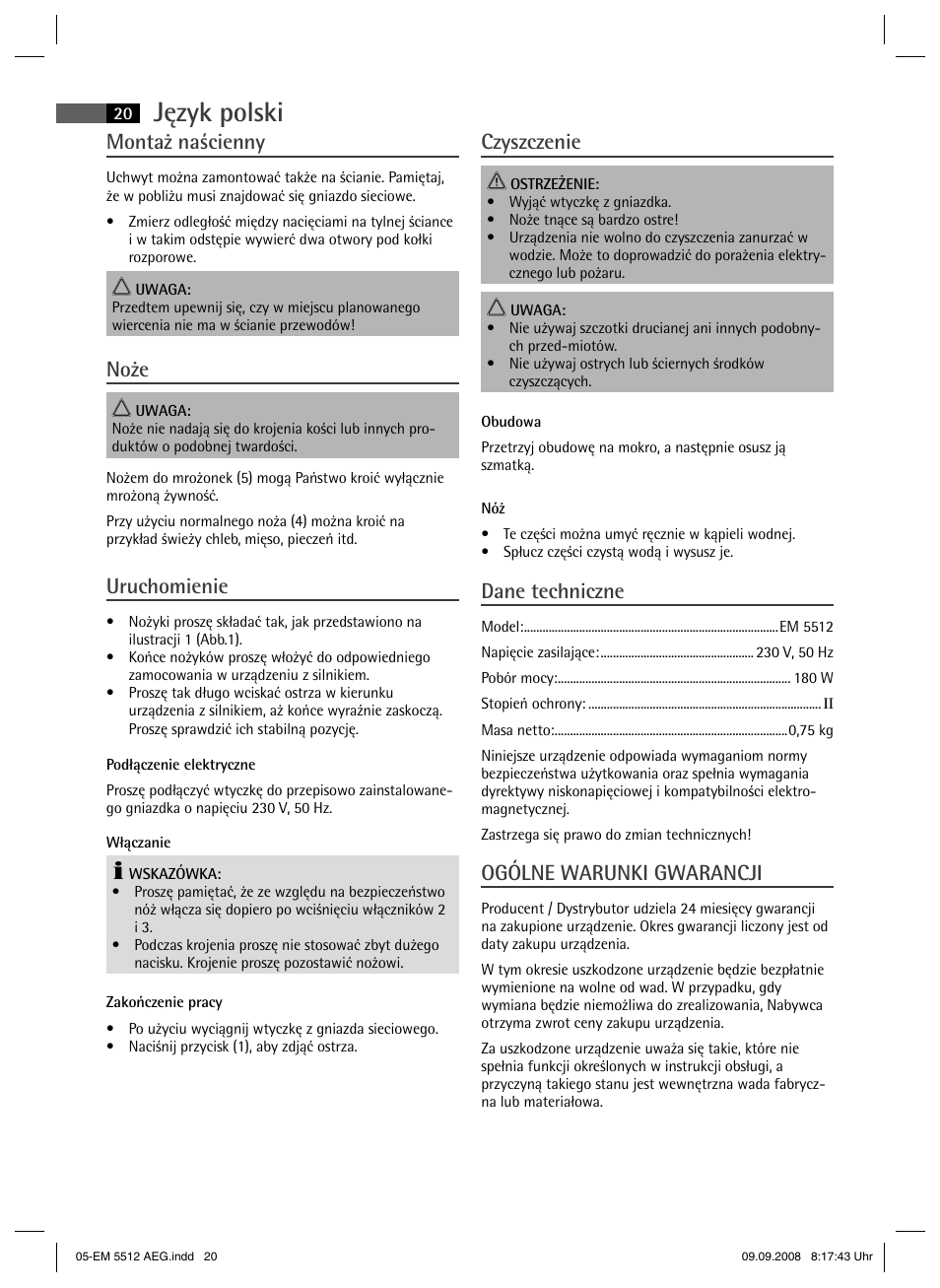 Język polski, Montaż naścienny, Noże | Uruchomienie, Czyszczenie, Dane techniczne, Ogólne warunki gwarancji | AEG EM 5512 User Manual | Page 20 / 30