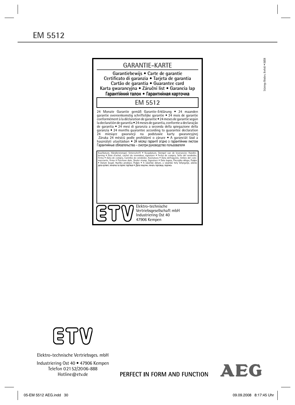 Em 5512, Garantie-karte | AEG EM 5512 User Manual | Page 30 / 30