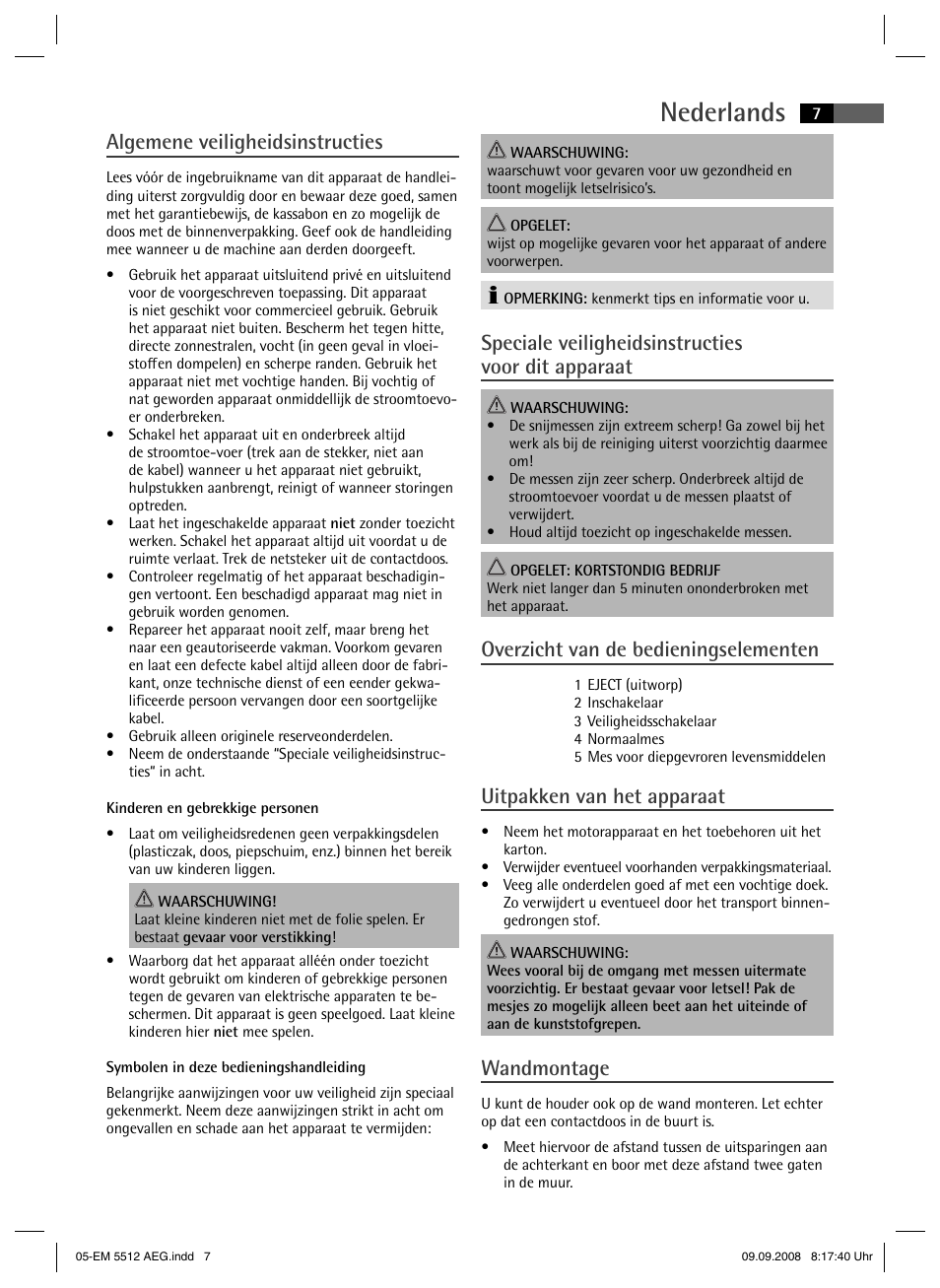 Nederlands, Algemene veiligheidsinstructies, Speciale veiligheidsinstructies voor dit apparaat | Overzicht van de bedieningselementen, Uitpakken van het apparaat, Wandmontage | AEG EM 5512 User Manual | Page 7 / 30