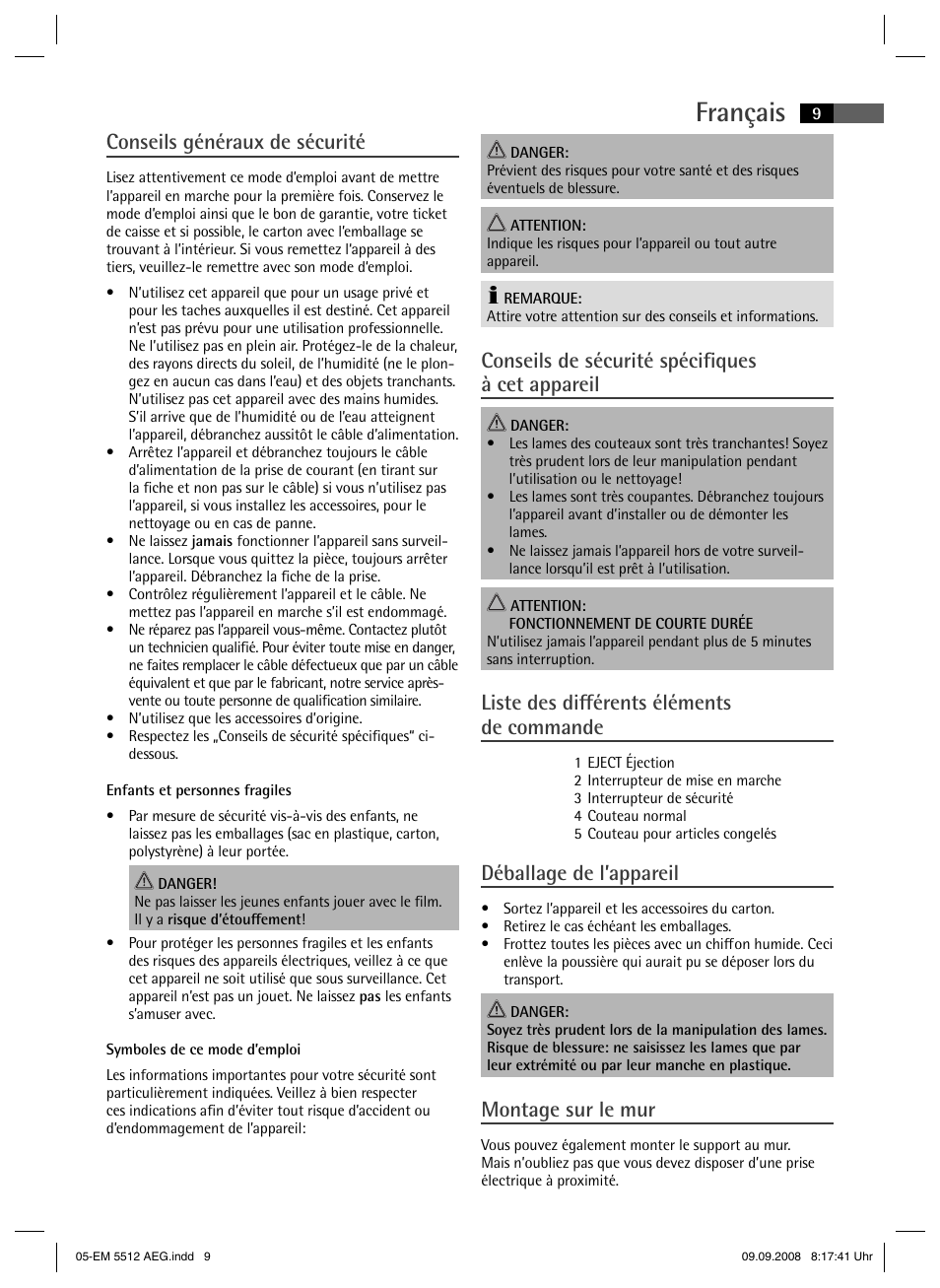 Français, Conseils généraux de sécurité, Conseils de sécurité spécifi ques à cet appareil | Liste des diff érents éléments de commande, Déballage de l’appareil, Montage sur le mur | AEG EM 5512 User Manual | Page 9 / 30