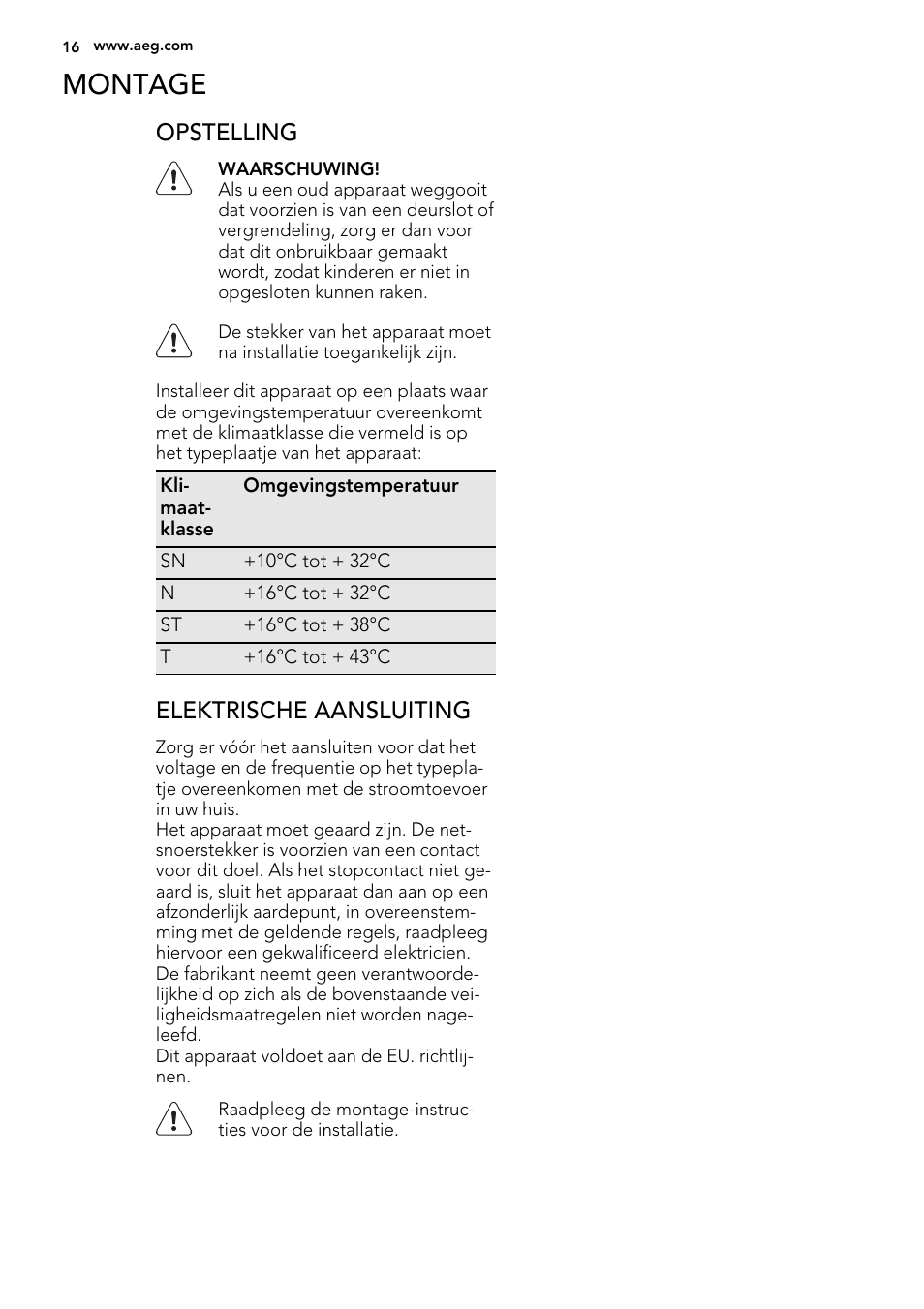 Montage, Opstelling, Elektrische aansluiting | AEG SKS51240F0 User Manual | Page 16 / 72