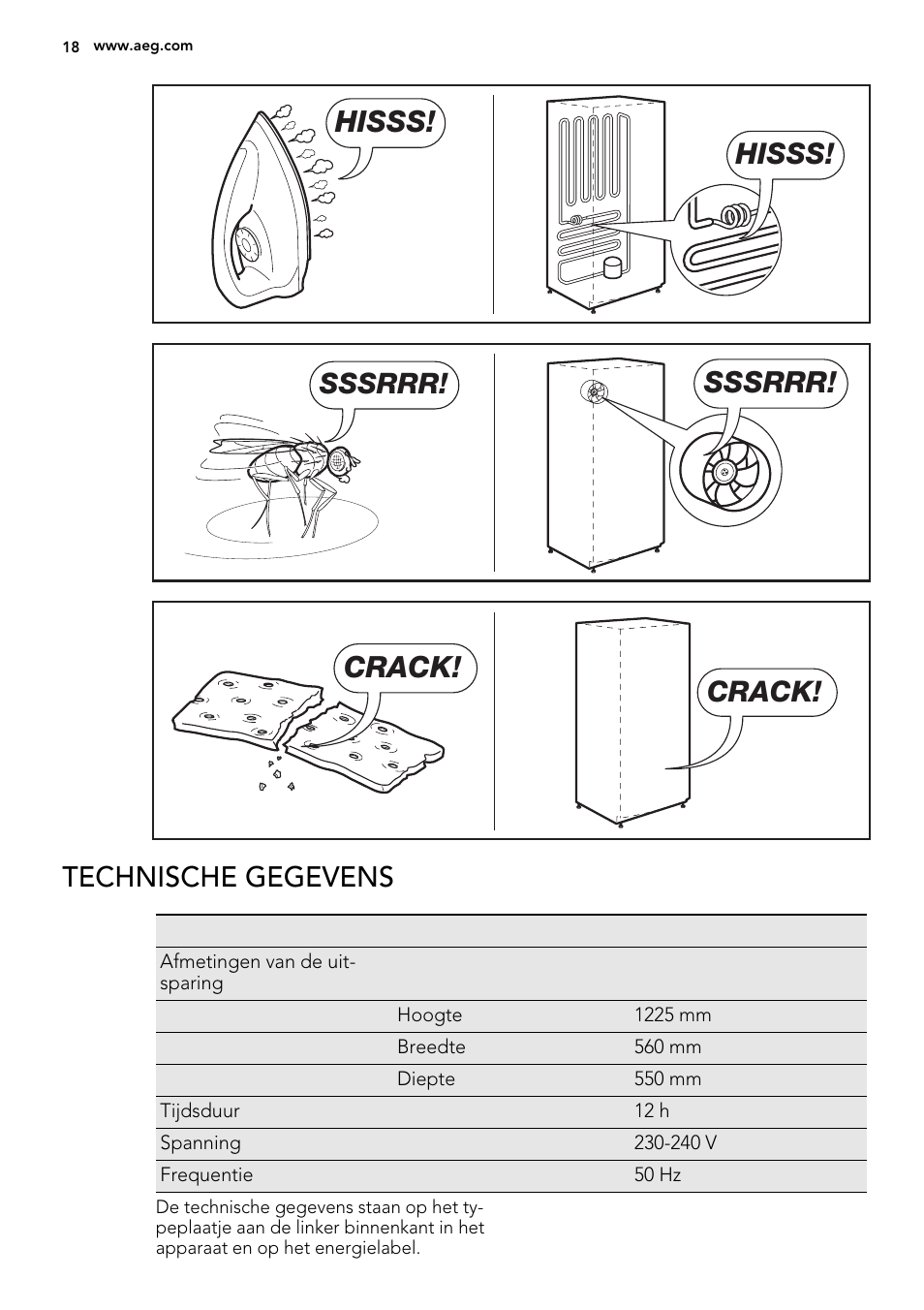 Hisss, Sssrrr, Crack | Technische gegevens | AEG SKS51240F0 User Manual | Page 18 / 72