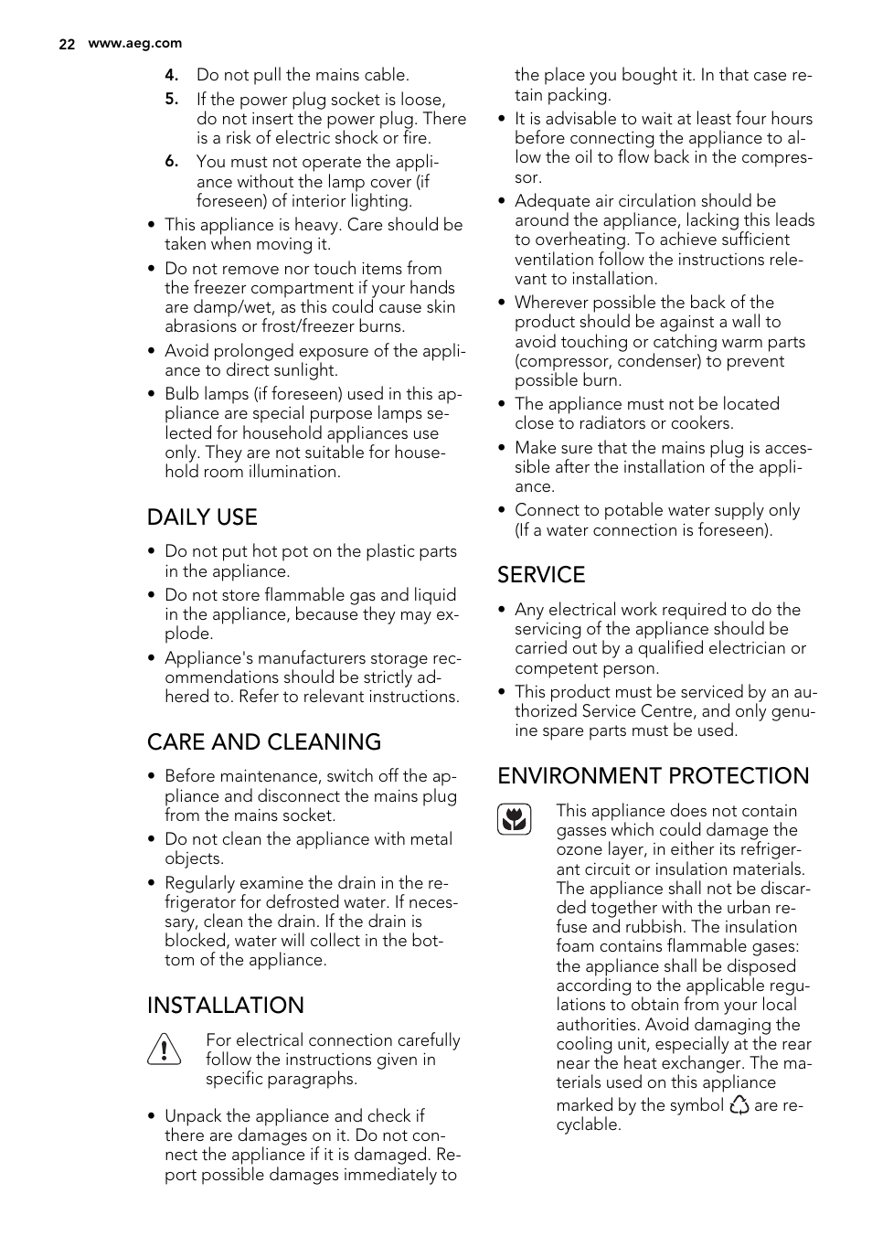 Daily use, Care and cleaning, Installation | Service, Environment protection | AEG SKS51240F0 User Manual | Page 22 / 72