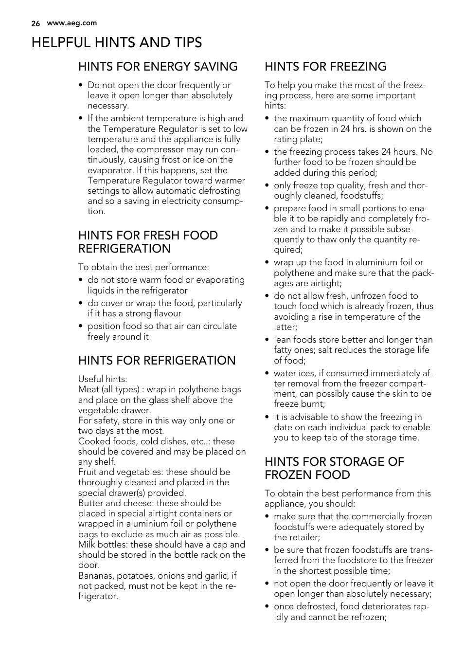 Helpful hints and tips, Hints for energy saving, Hints for fresh food refrigeration | Hints for refrigeration, Hints for freezing, Hints for storage of frozen food | AEG SKS51240F0 User Manual | Page 26 / 72