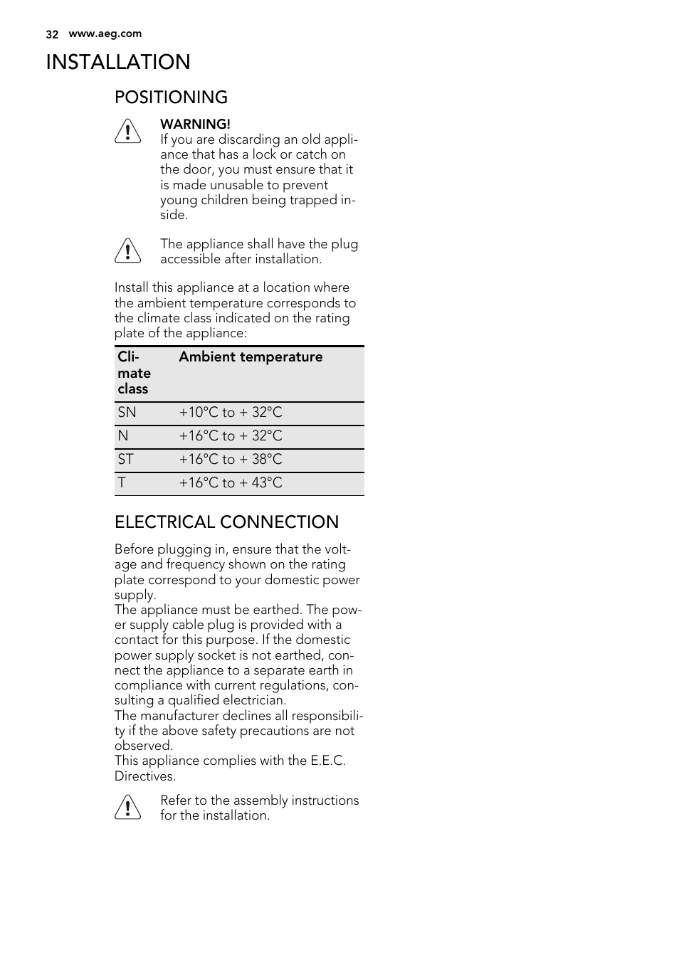 Installation, Positioning, Electrical connection | AEG SKS51240F0 User Manual | Page 32 / 72