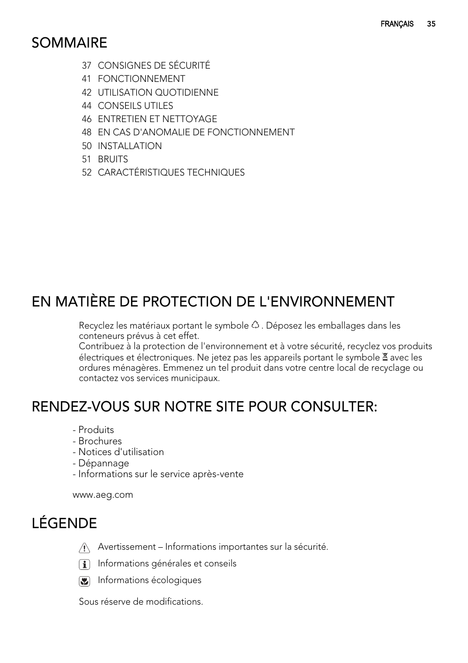 Sommaire, En matière de protection de l'environnement, Rendez-vous sur notre site pour consulter | Légende | AEG SKS51240F0 User Manual | Page 35 / 72