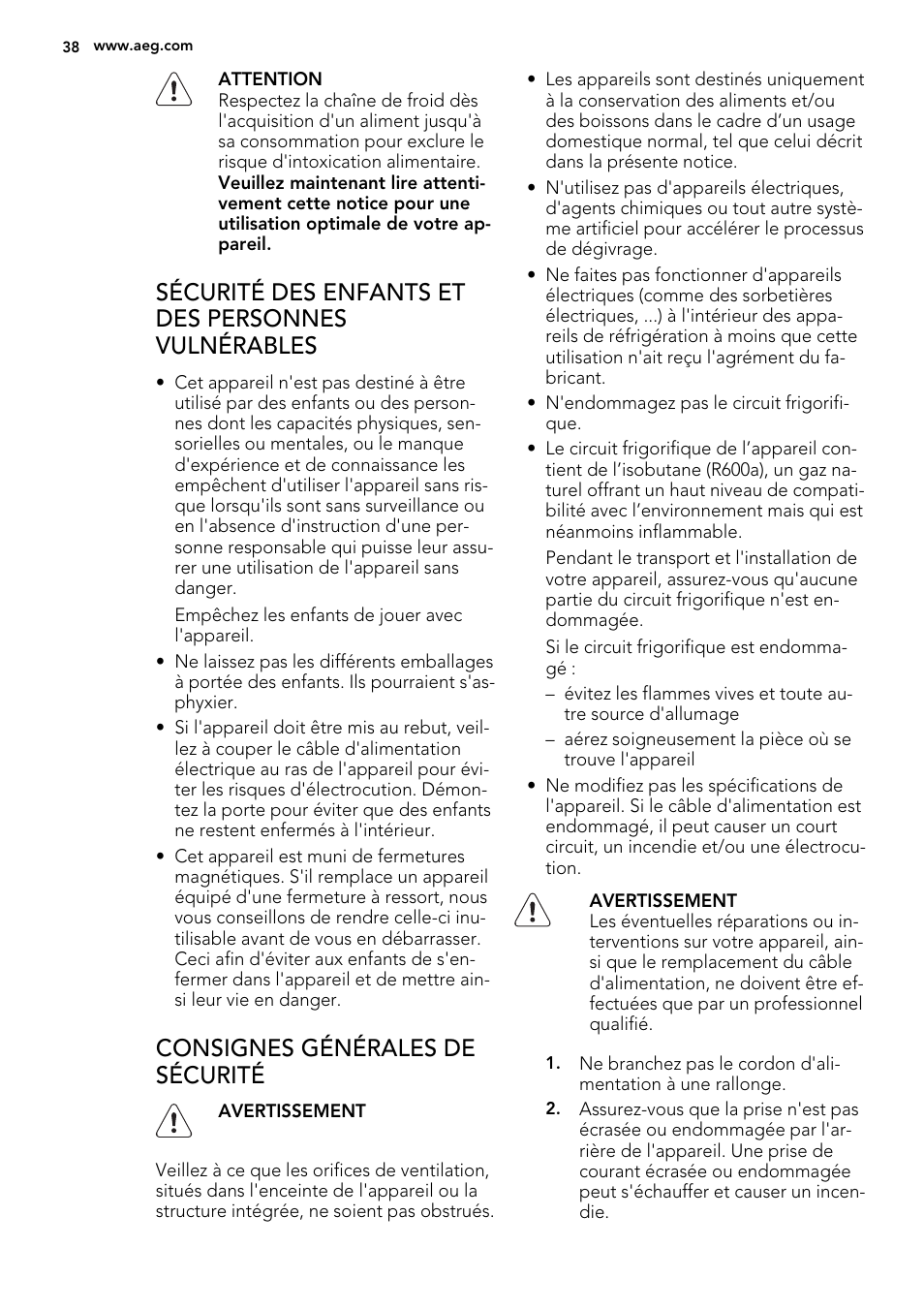 Sécurité des enfants et des personnes vulnérables, Consignes générales de sécurité | AEG SKS51240F0 User Manual | Page 38 / 72