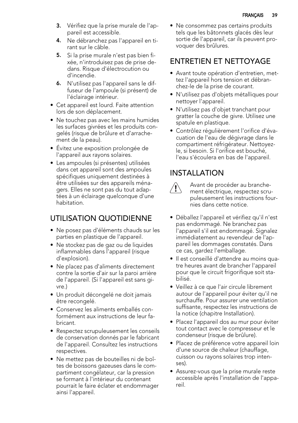 Utilisation quotidienne, Entretien et nettoyage, Installation | AEG SKS51240F0 User Manual | Page 39 / 72