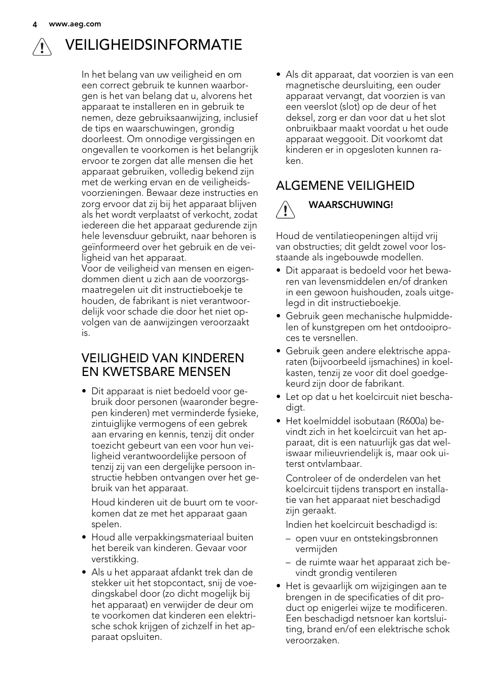 Veiligheidsinformatie, Veiligheid van kinderen en kwetsbare mensen, Algemene veiligheid | AEG SKS51240F0 User Manual | Page 4 / 72