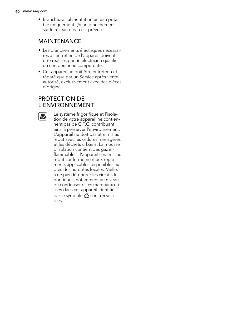 Maintenance, Protection de l'environnement | AEG SKS51240F0 User Manual | Page 40 / 72