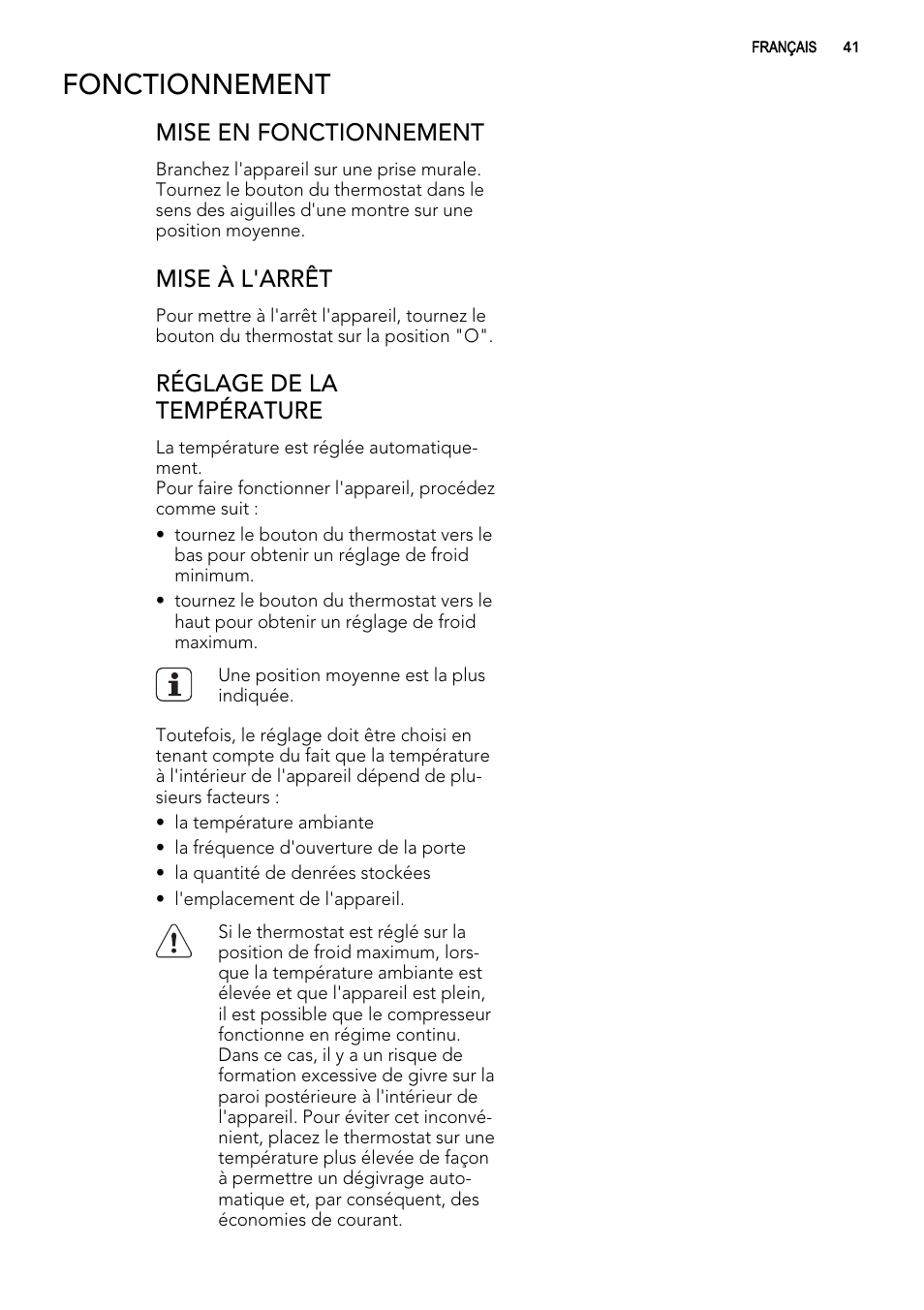 Fonctionnement, Mise en fonctionnement, Mise à l'arrêt | Réglage de la température | AEG SKS51240F0 User Manual | Page 41 / 72