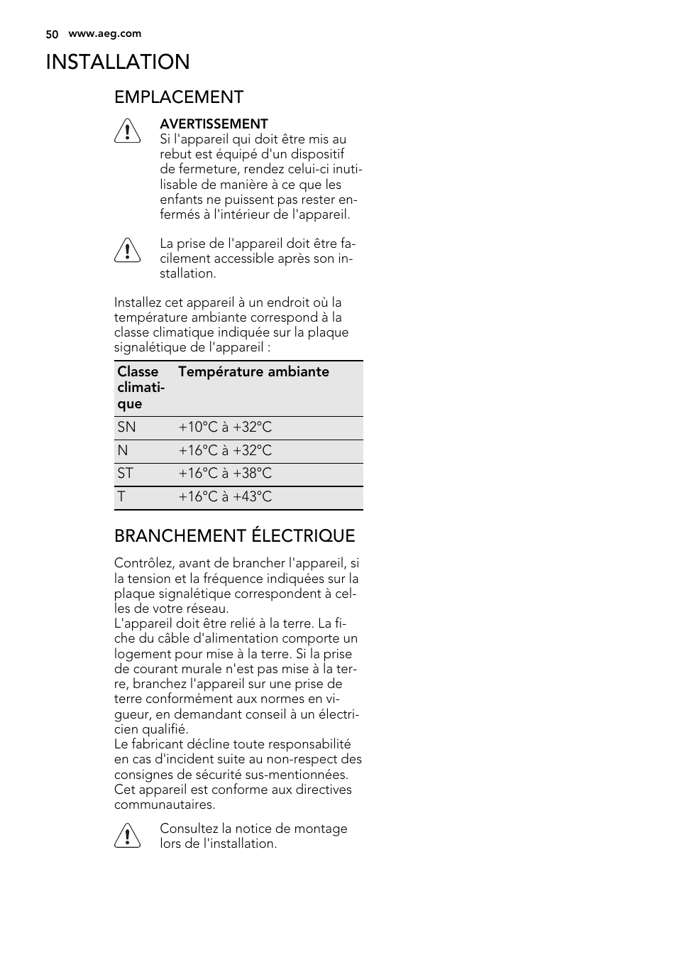 Installation, Emplacement, Branchement électrique | AEG SKS51240F0 User Manual | Page 50 / 72