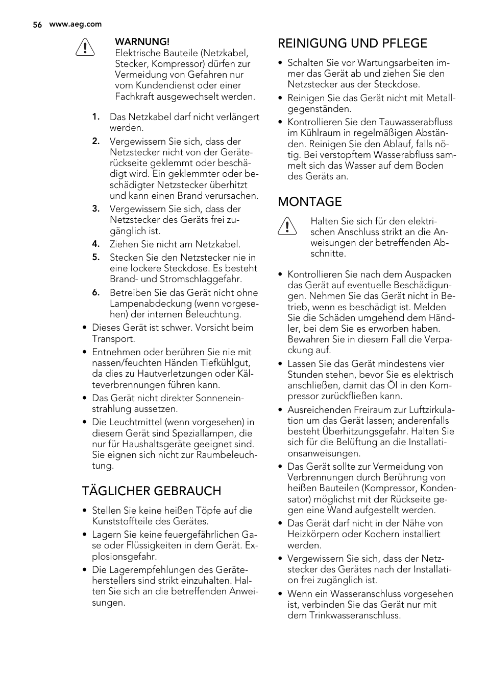 Täglicher gebrauch, Reinigung und pflege, Montage | AEG SKS51240F0 User Manual | Page 56 / 72