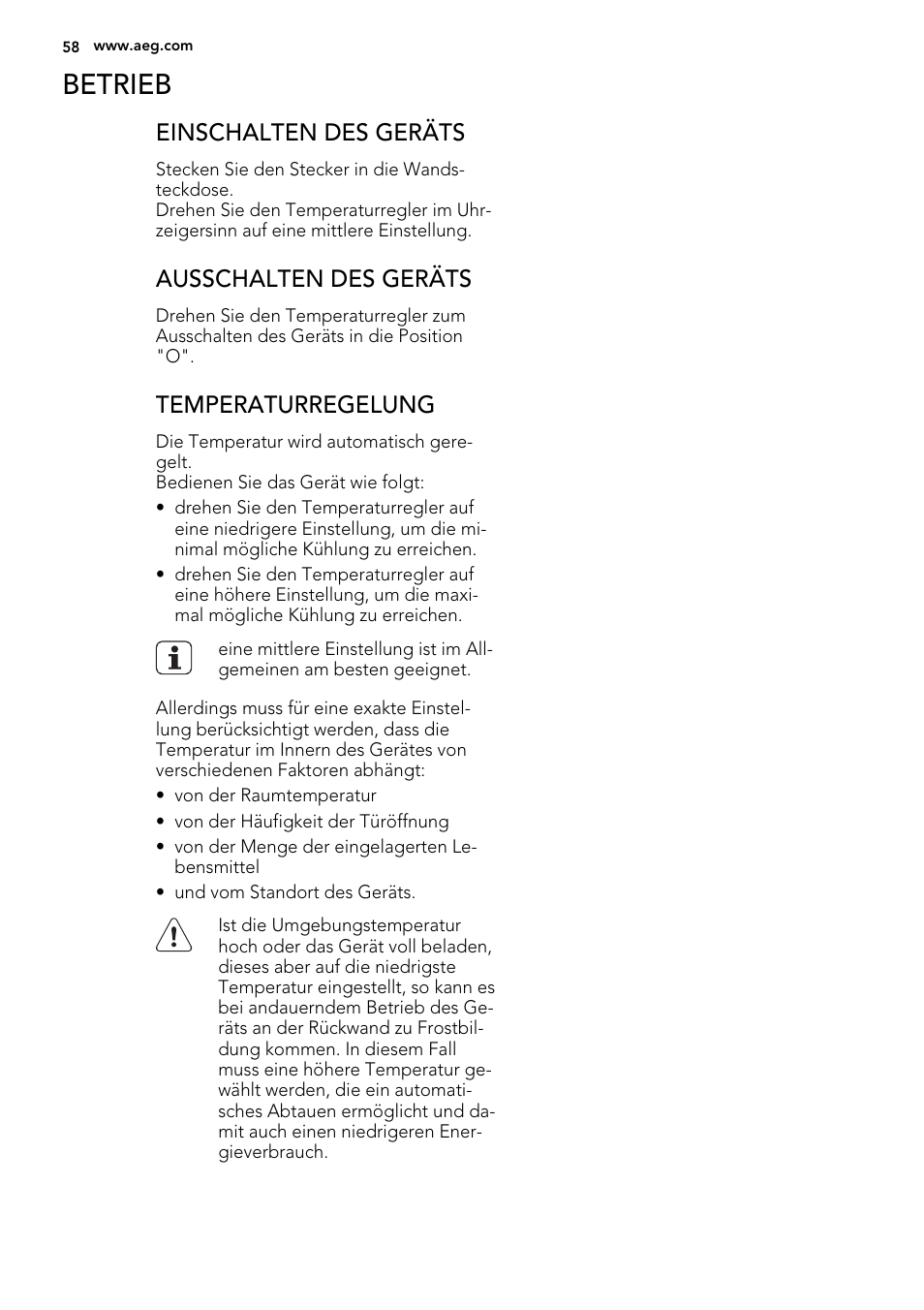 Betrieb, Einschalten des geräts, Ausschalten des geräts | Temperaturregelung | AEG SKS51240F0 User Manual | Page 58 / 72