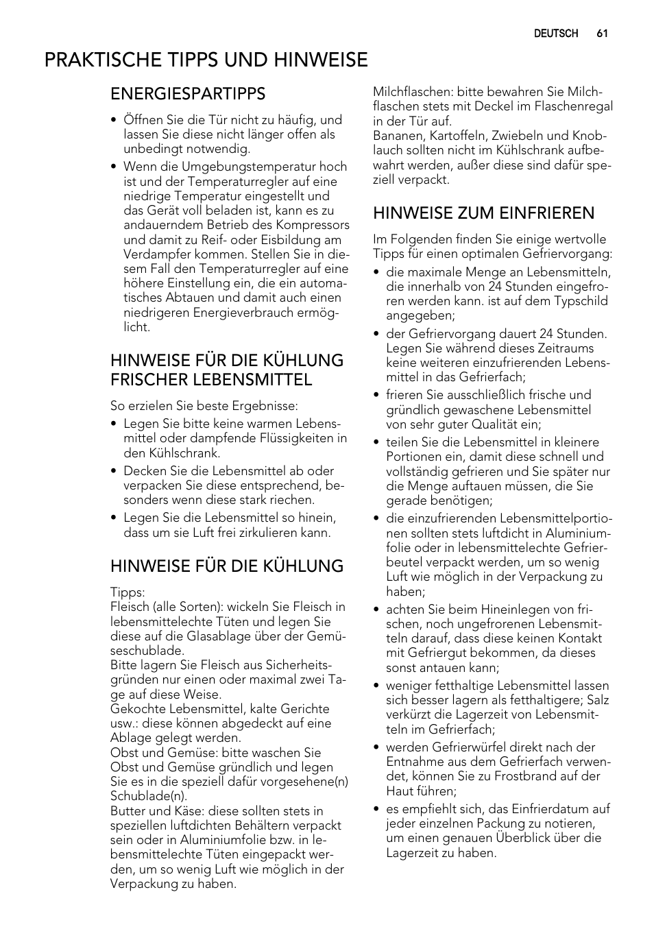 Praktische tipps und hinweise, Energiespartipps, Hinweise für die kühlung frischer lebensmittel | Hinweise für die kühlung, Hinweise zum einfrieren | AEG SKS51240F0 User Manual | Page 61 / 72