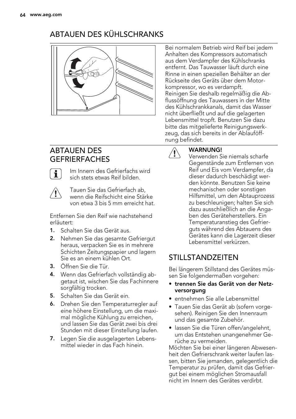 Abtauen des kühlschranks, Abtauen des gefrierfaches, Stillstandzeiten | AEG SKS51240F0 User Manual | Page 64 / 72