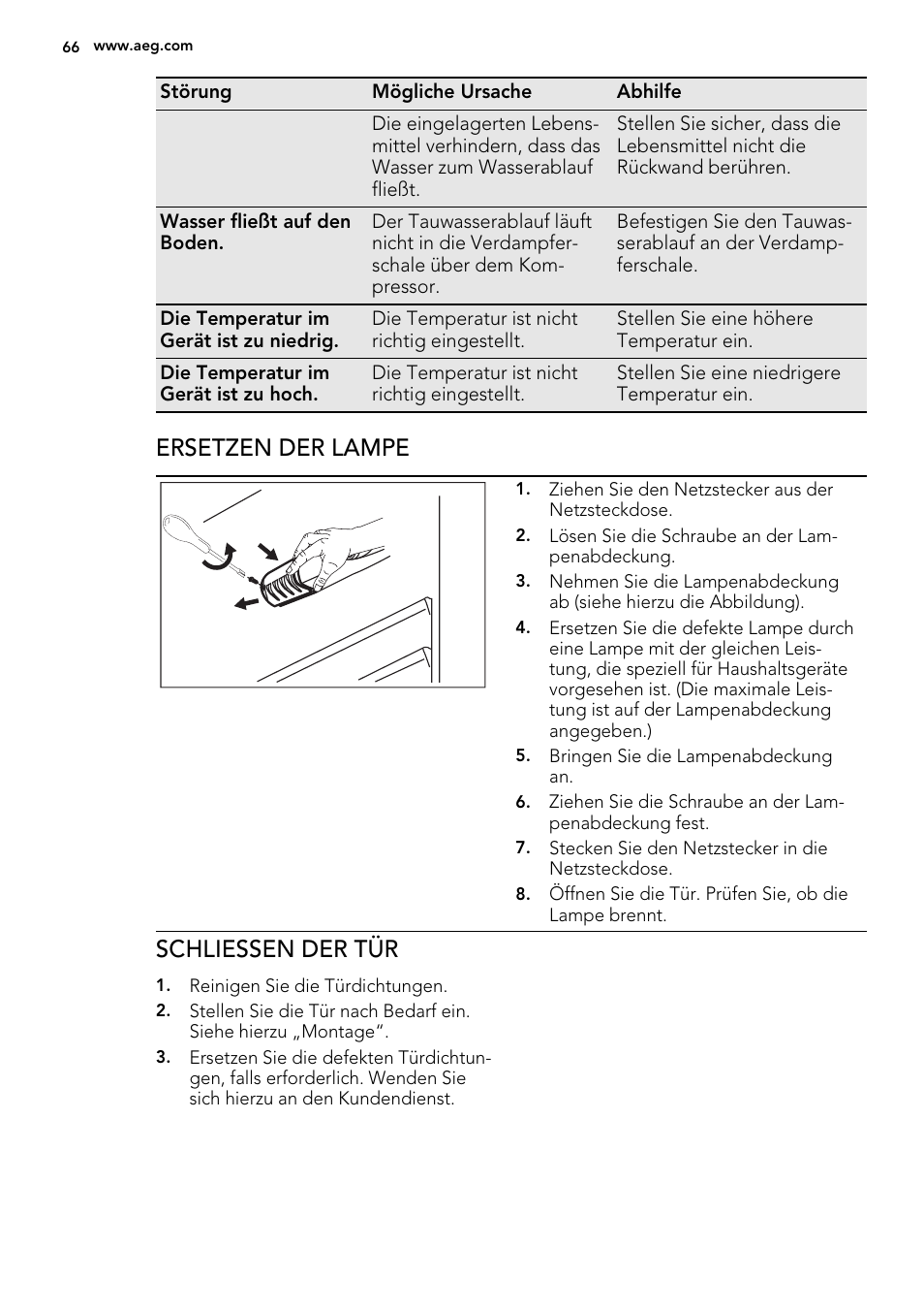 Ersetzen der lampe, Schliessen der tür | AEG SKS51240F0 User Manual | Page 66 / 72