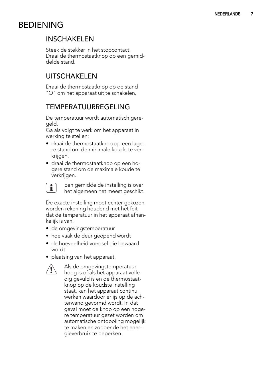 Bediening, Inschakelen, Uitschakelen | Temperatuurregeling | AEG SKS51240F0 User Manual | Page 7 / 72