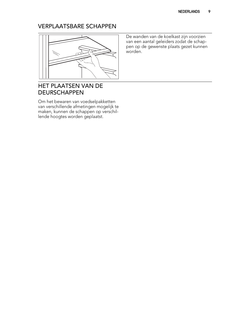 Verplaatsbare schappen, Het plaatsen van de deurschappen | AEG SKS51240F0 User Manual | Page 9 / 72