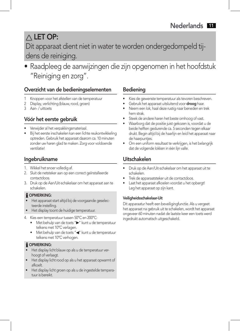 Nederlands, Overzicht van de bedieningselementen, Vóór het eerste gebruik | Ingebruikname, Bediening, Uitschakelen | AEG HC 5585 User Manual | Page 11 / 50