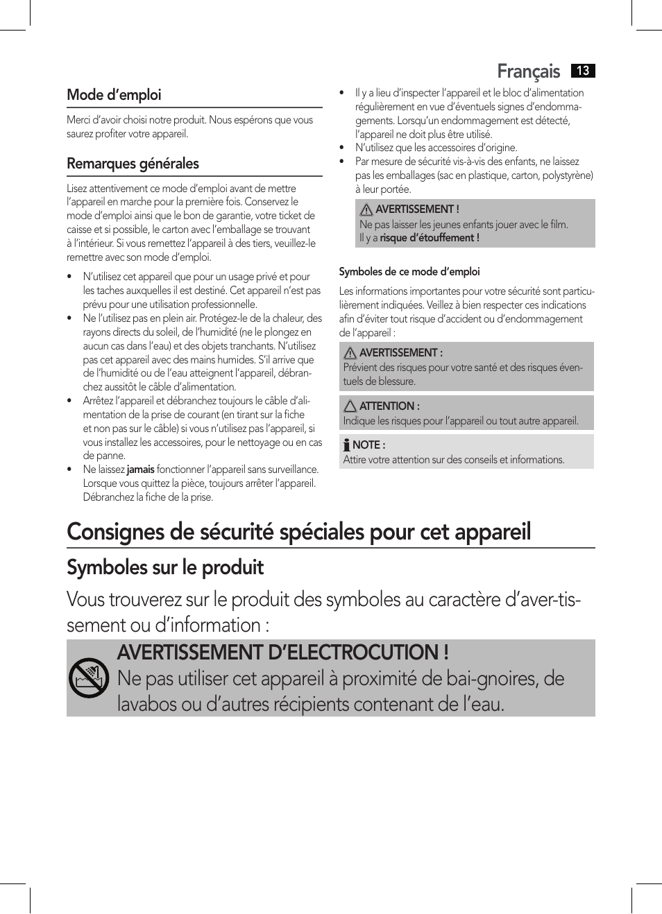 Consignes de sécurité spéciales pour cet appareil, Français, Mode d’emploi | Remarques générales | AEG HC 5585 User Manual | Page 13 / 50