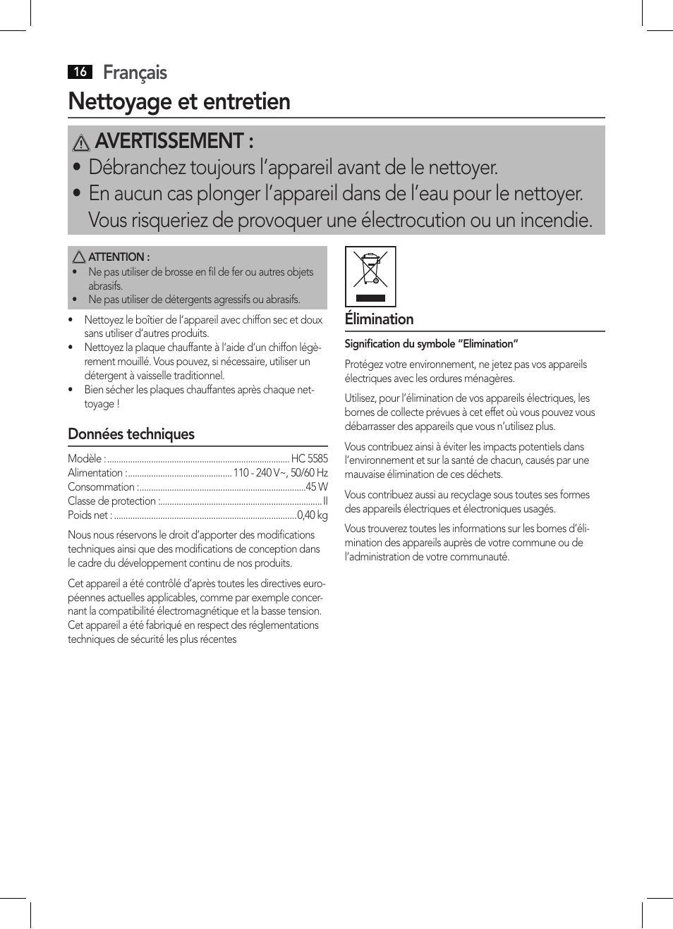 Nettoyage et entretien, Français | AEG HC 5585 User Manual | Page 16 / 50