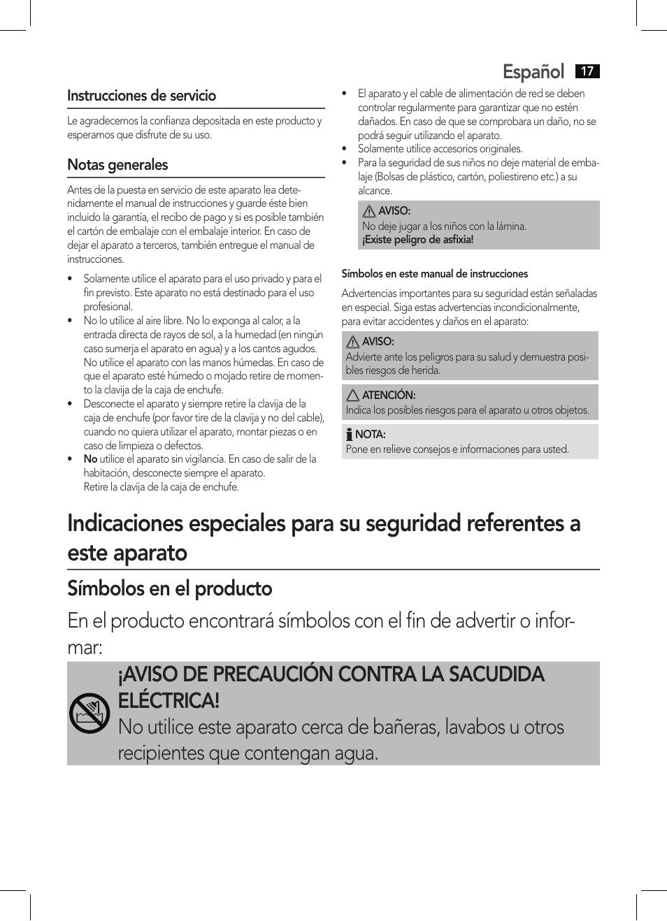 Español, Instrucciones de servicio, Notas generales | AEG HC 5585 User Manual | Page 17 / 50