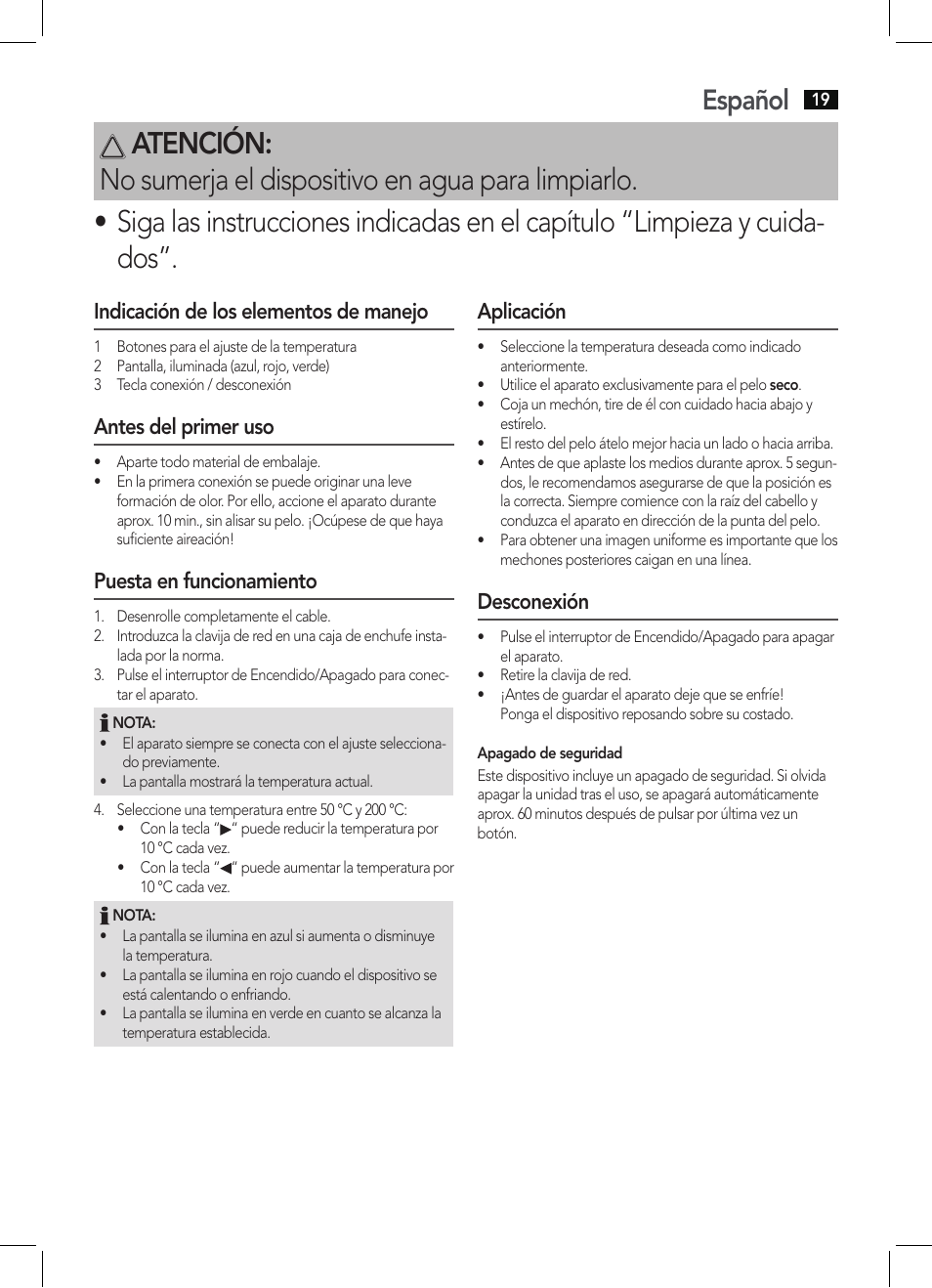 Español, Indicación de los elementos de manejo, Antes del primer uso | Puesta en funcionamiento, Aplicación, Desconexión | AEG HC 5585 User Manual | Page 19 / 50