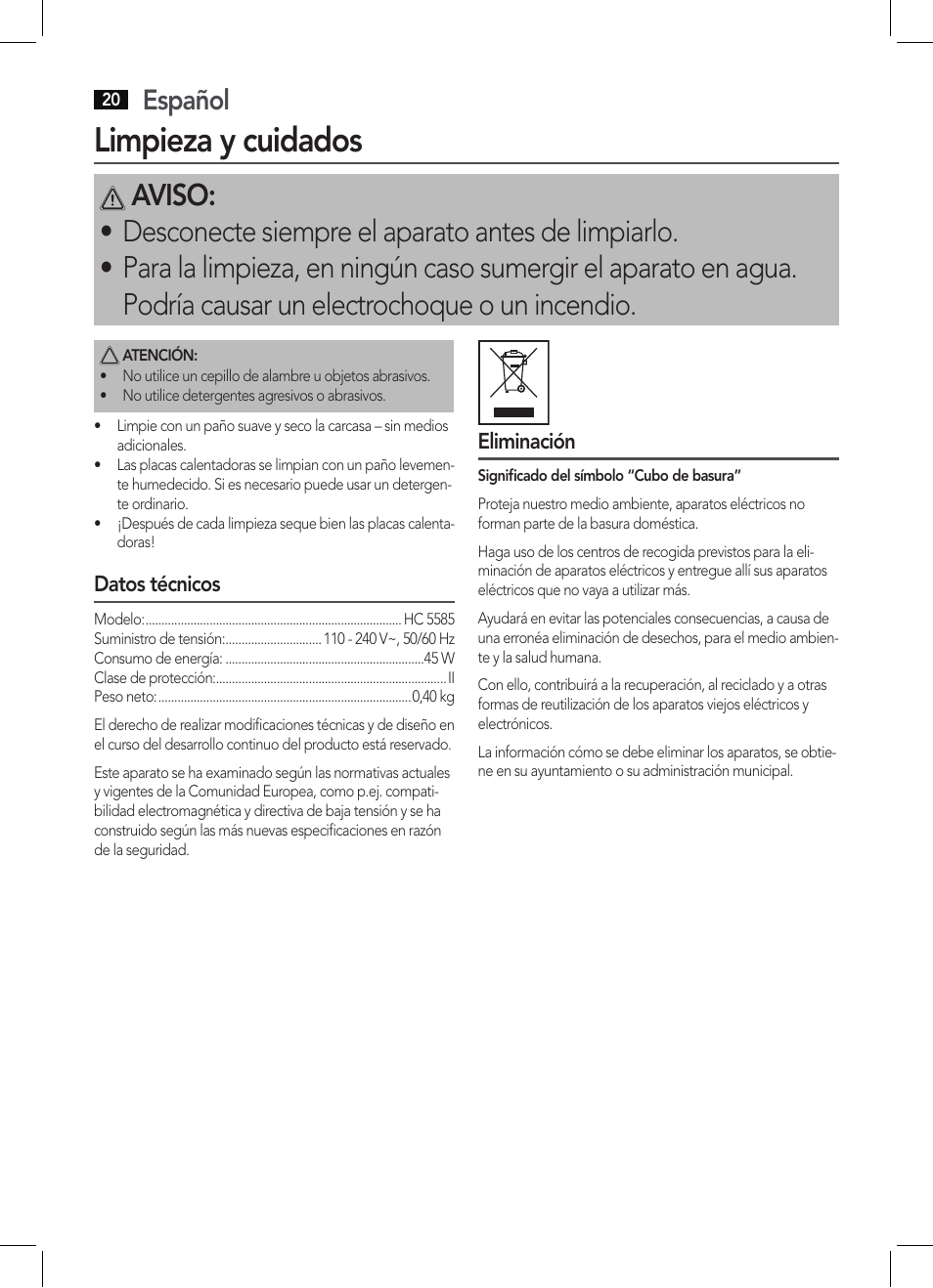 Limpieza y cuidados, Español | AEG HC 5585 User Manual | Page 20 / 50