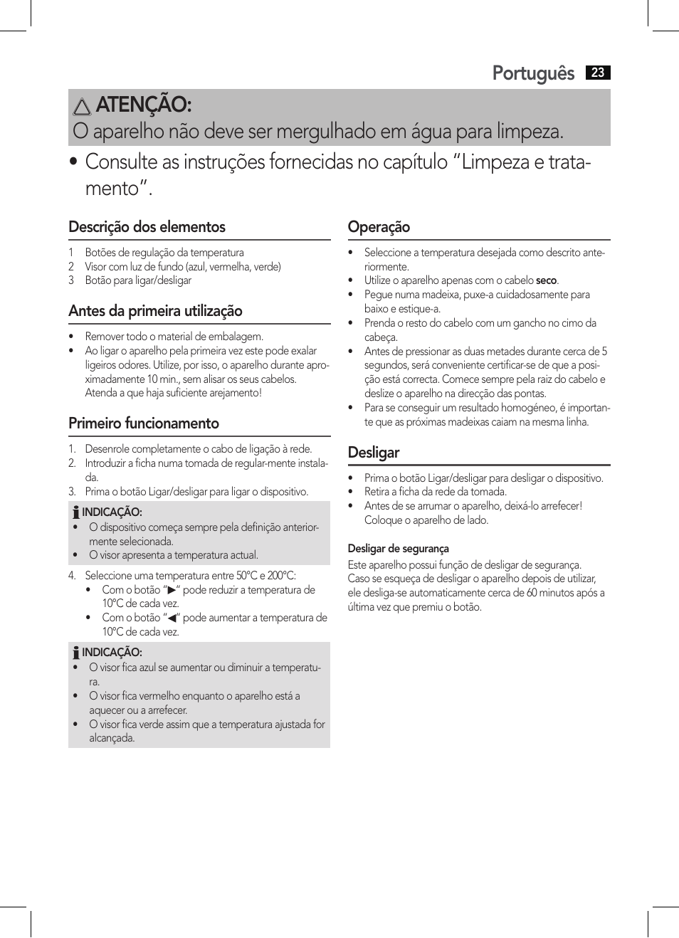 Português, Descrição dos elementos, Antes da primeira utilização | Primeiro funcionamento, Operação, Desligar | AEG HC 5585 User Manual | Page 23 / 50