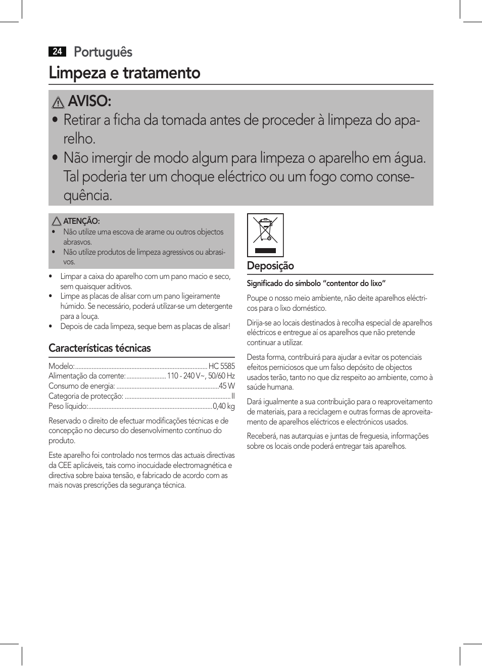 Limpeza e tratamento, Português | AEG HC 5585 User Manual | Page 24 / 50