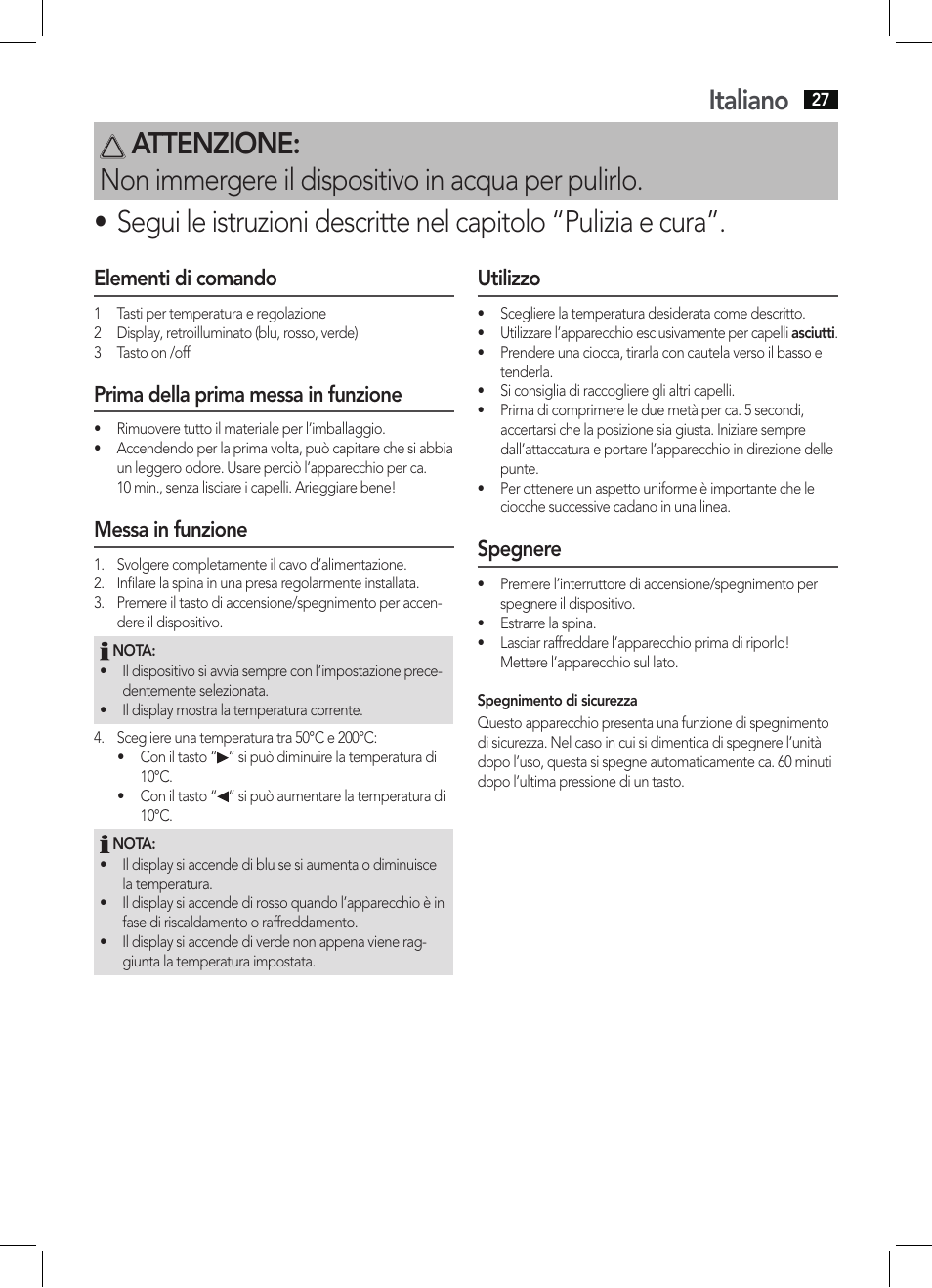 Italiano, Elementi di comando, Prima della prima messa in funzione | Messa in funzione, Utilizzo, Spegnere | AEG HC 5585 User Manual | Page 27 / 50
