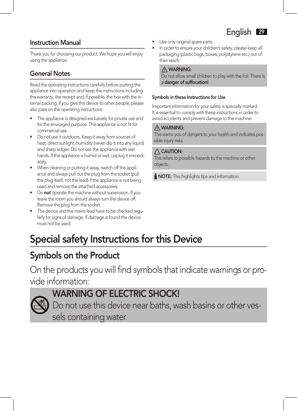 Special safety instructions for this device, English, Instruction manual | AEG HC 5585 User Manual | Page 29 / 50