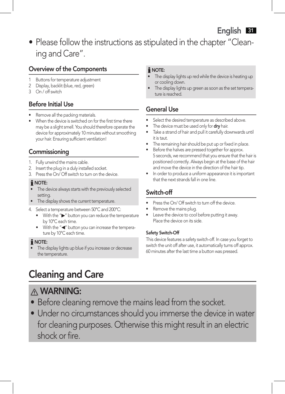 Cleaning and care, English | AEG HC 5585 User Manual | Page 31 / 50