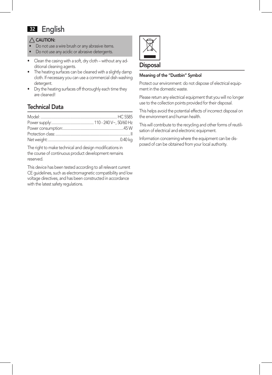 English, Technical data, Disposal | AEG HC 5585 User Manual | Page 32 / 50